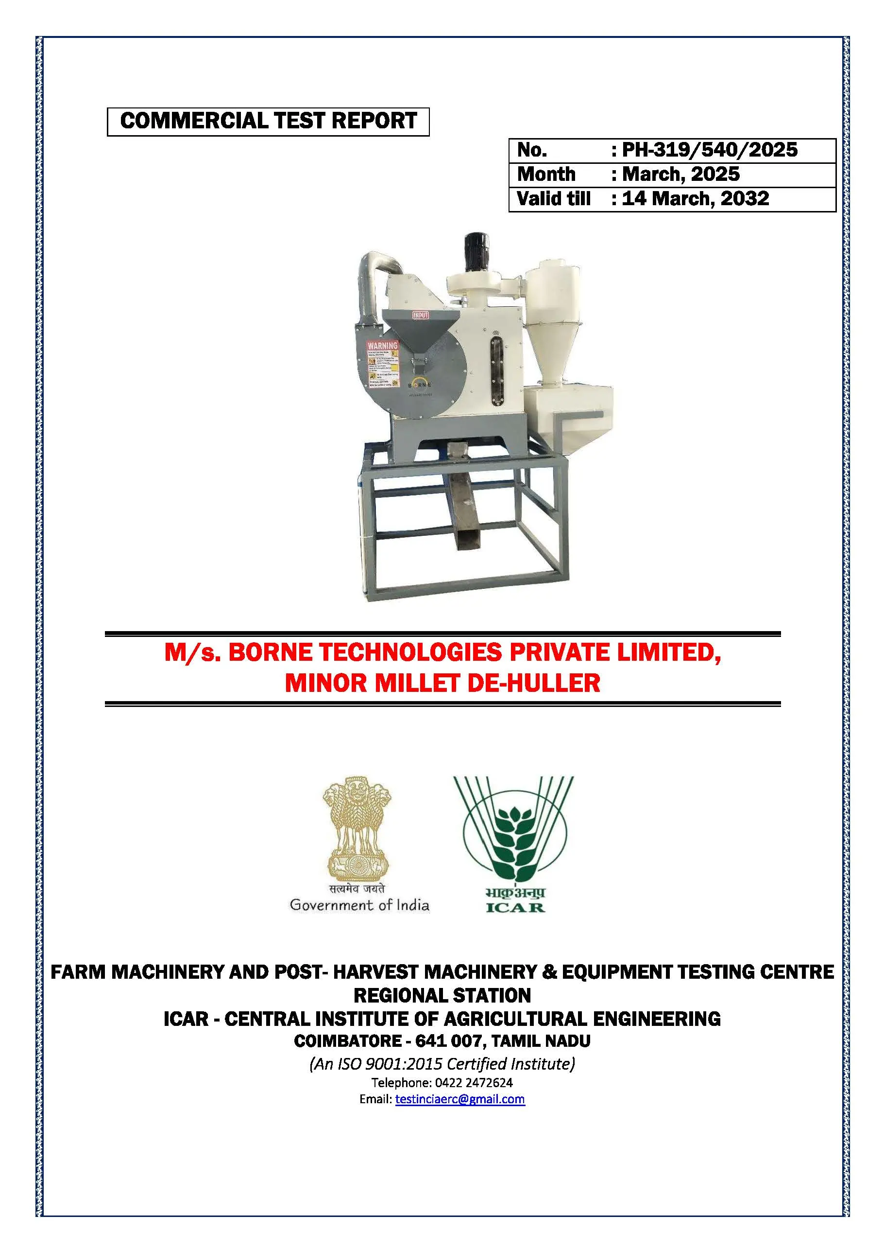 ICAR Certified Millet Dehuller Machine