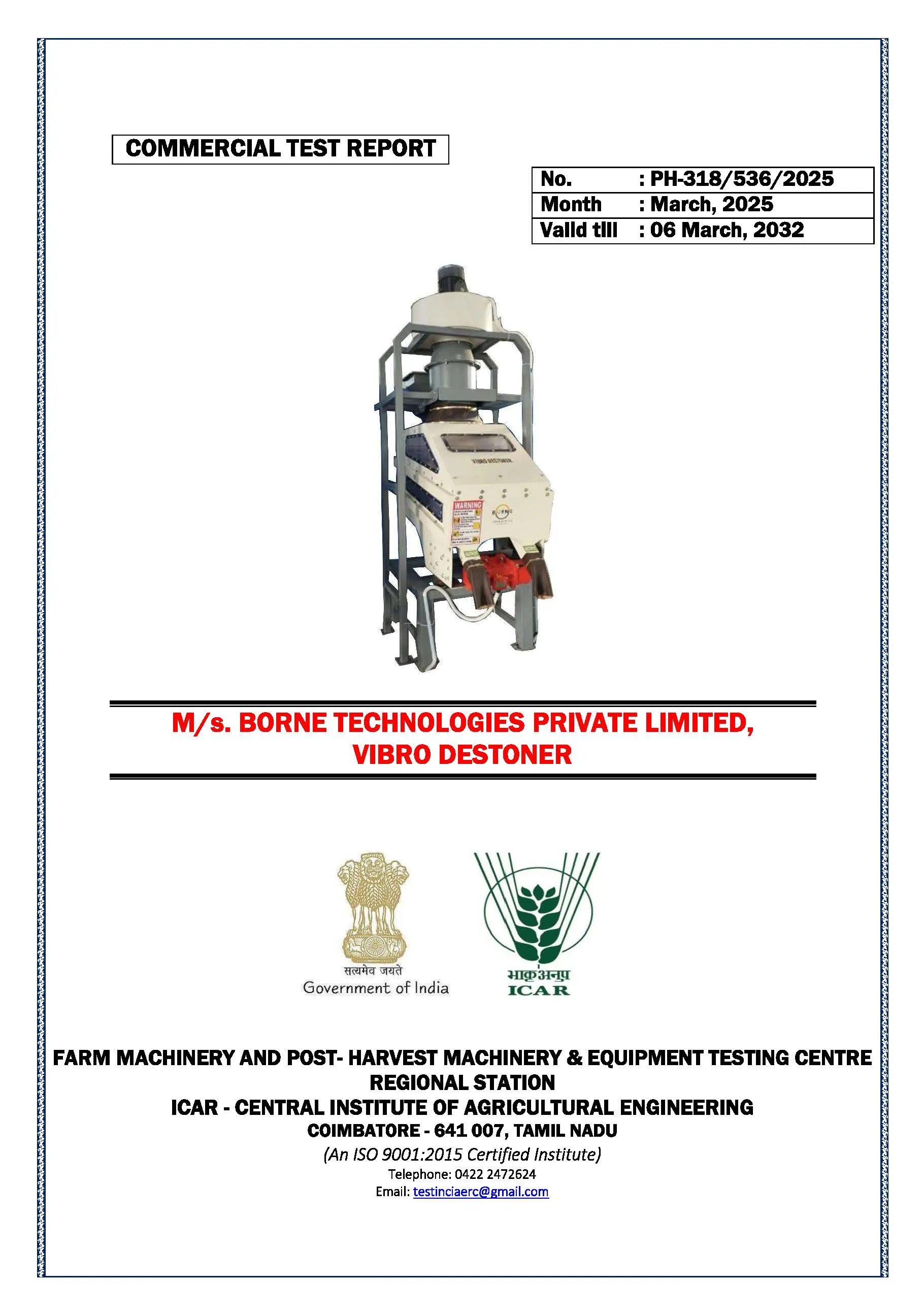 ICAR Certified Millet Destoner Machine