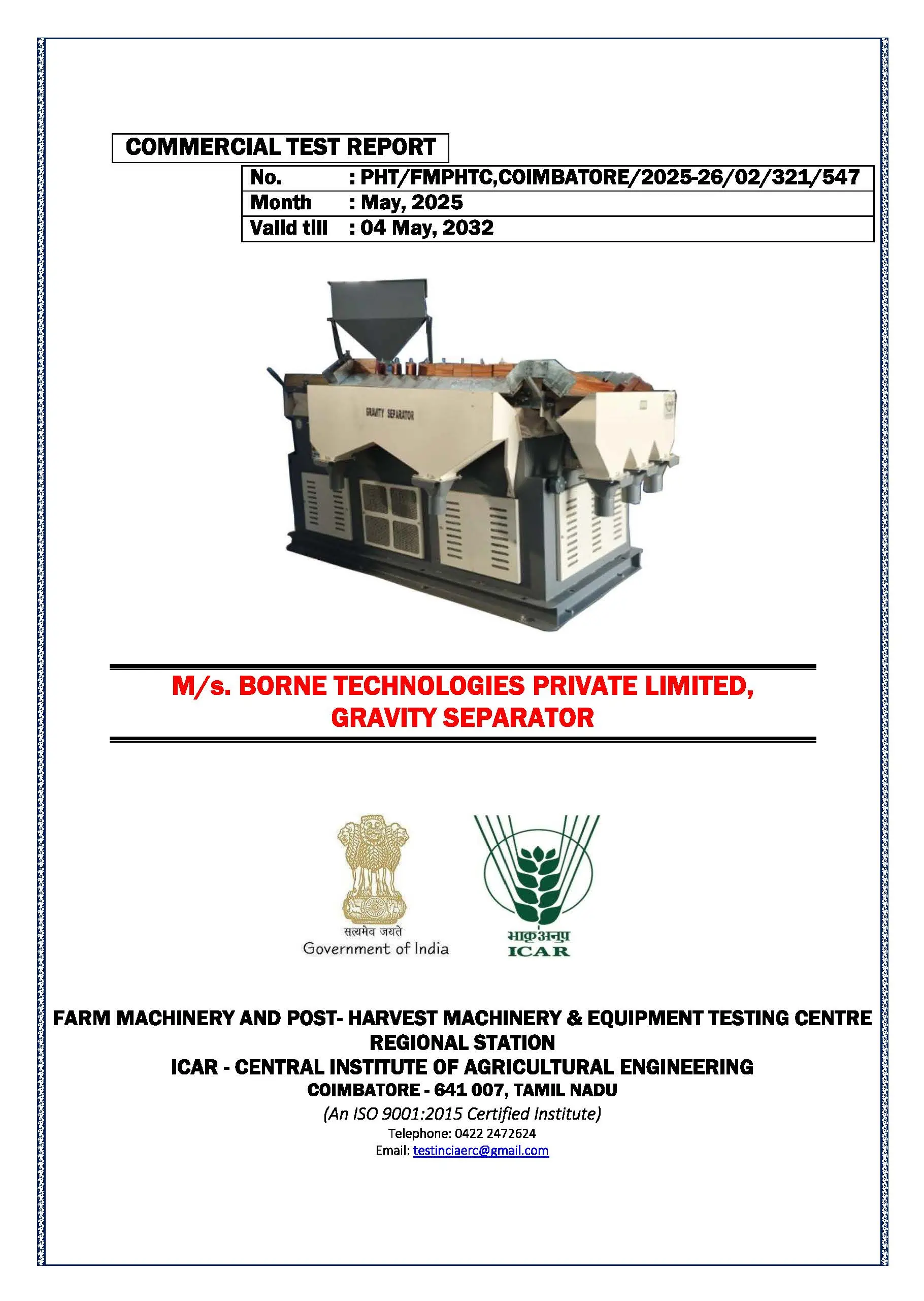 ICAR Certified Millet Gravity Separator Machine